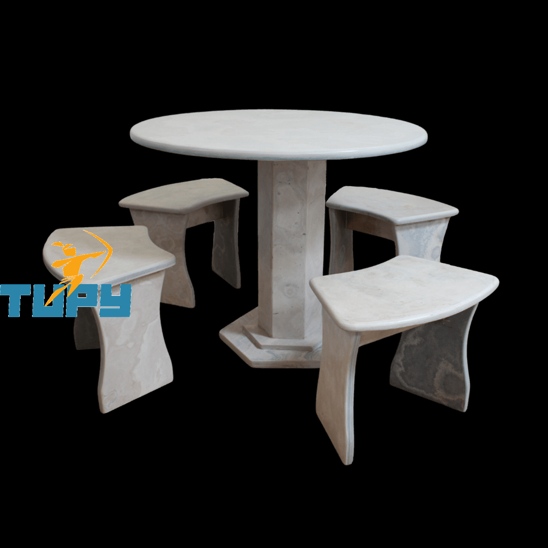 CONJ. MESA PEDRA FRIA LISA CIRCULAR D=1M + 4 BANCOS CURVOS LISO DECORADO